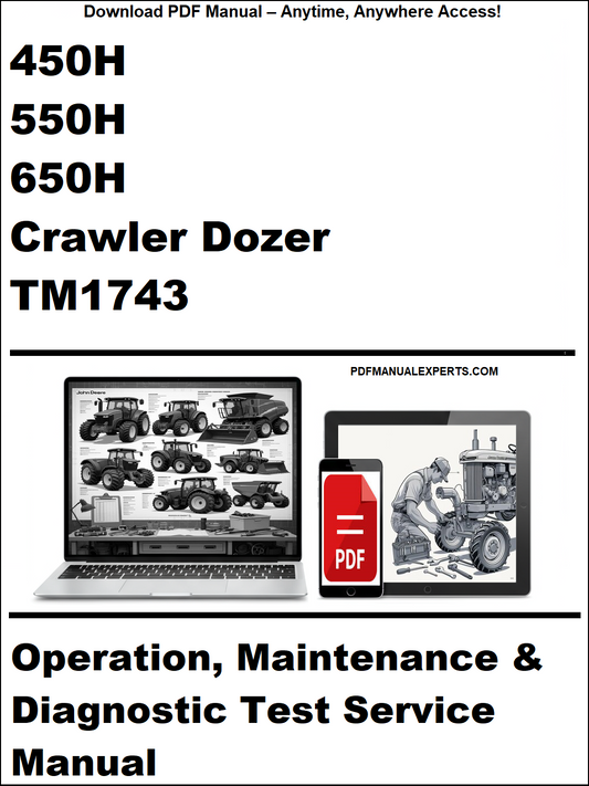 Cover of a manual for 450H, 550H, 650H Crawler Dozer TM1743 with a laptop and toolbox graphic.