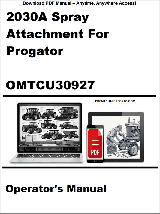 Operator's manual cover for 2030A Spray Attachment for Progator with a laptop and truck illustration.