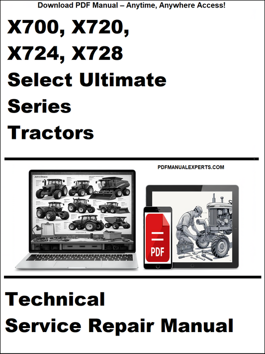 Cover of a technical service repair manual for John Deere X700, X720, X724, X728 tractors.
