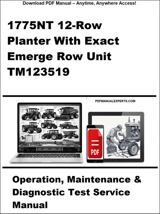 Manual cover for 1775NT 12-Row Planter with Exact Emerge Row Unit TM123519, featuring images of a tractor and diagnostic tools.