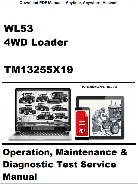 Cover of a service manual for a WL53 4WD Loader with a laptop and toolbox graphic.