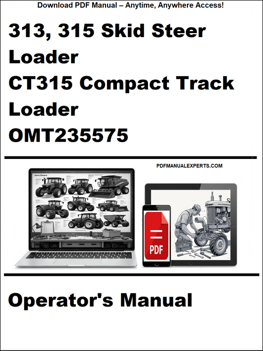 Cover of a manual for 313, 315 skid steer loader and CT315 compact track loader with a laptop and toolbox graphic.