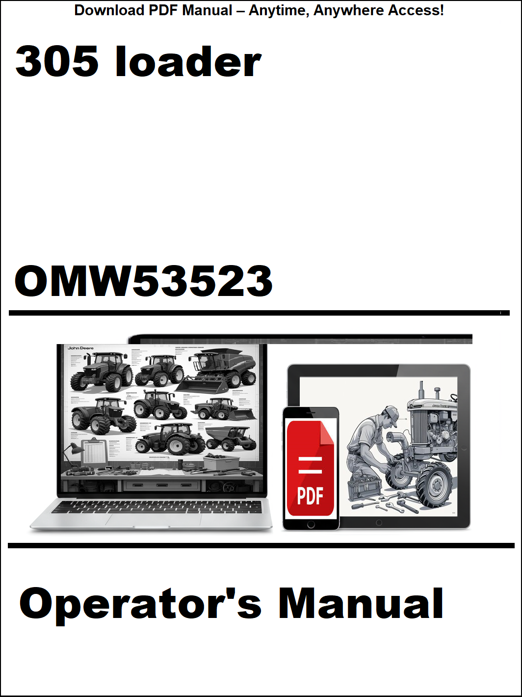 Cover of a 305 loader operator's manual with digital device icons on a white background
