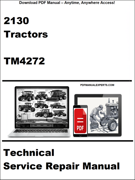 Technical service repair manual for 2130 tractors with a laptop and toolbox graphic on a white background.