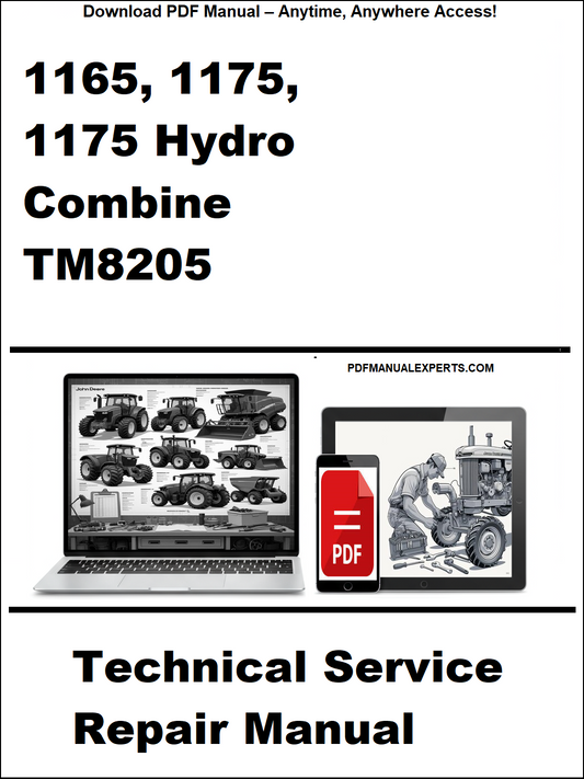 Technical service repair manual for John Deere 1165, 1175, 1175 Hydro Combine TM8205 on a white background.