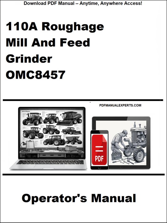 Operator's manual for 110A Roughage Mill And Feed Grinder OMC8457 on a white background with laptop and smartphone icons.