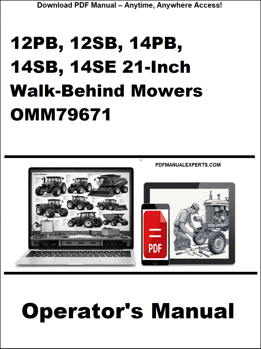 Operator's manual for walk-behind mowers on a white background with laptop and smartphone icons.