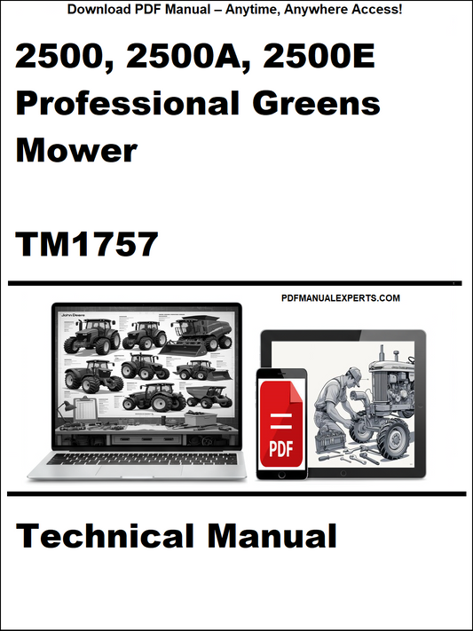 Technical manual cover for 2500, 2500A, 2500E Professional Greens Mower with PDF icon and website text.