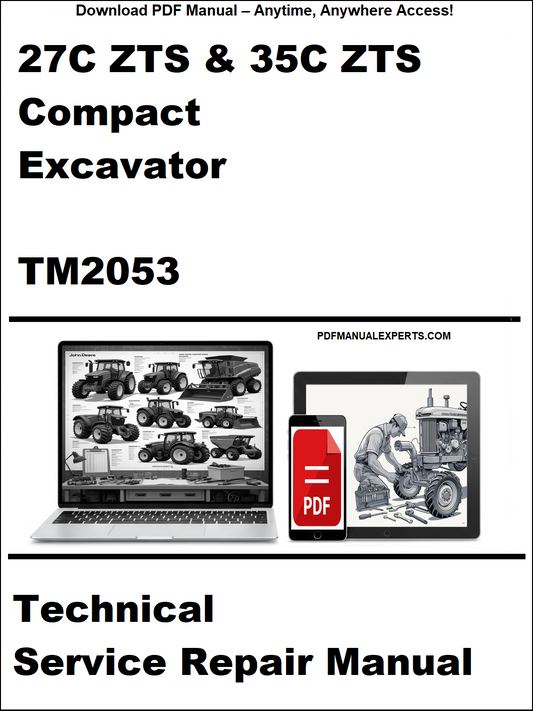 Technical service repair manual for 27C ZTS & 35C ZTS Compact Excavator TM2053 on a white background