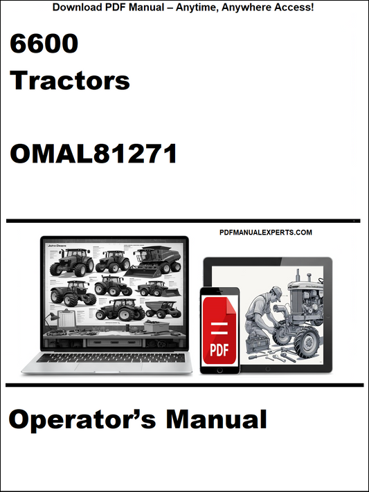 Cover of a tractor operator's manual with a laptop and tablet displaying the manual on a white background.