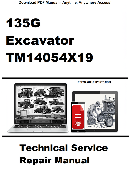 Technical service repair manual for 135G excavator with digital device and laptop illustration on a white background.