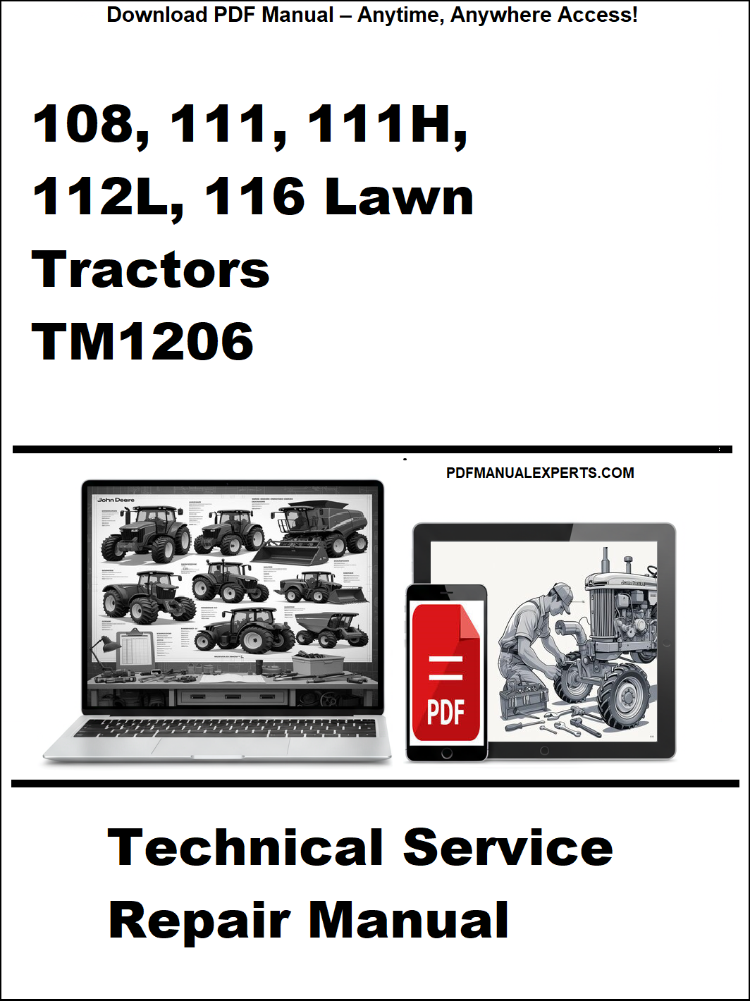 Advertisement for a technical service repair manual for John Deere lawn tractors on a white background.