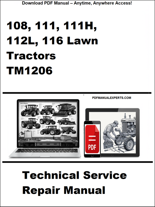 Advertisement for a technical service repair manual for John Deere lawn tractors on a white background.