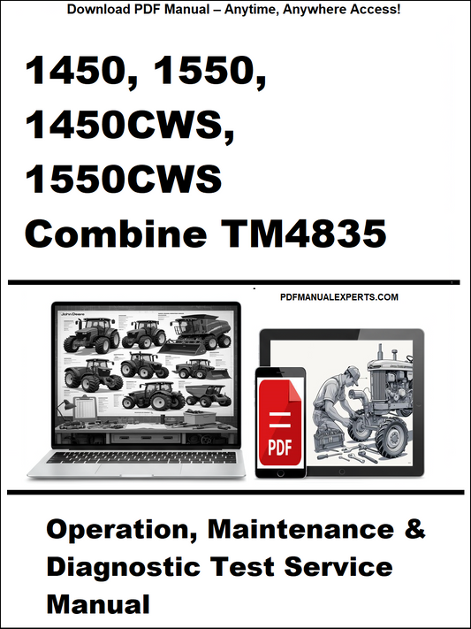 Manual cover for 1450, 1550, 1450CWS, 1550CWS Combine TM4835 with laptop and truck images.