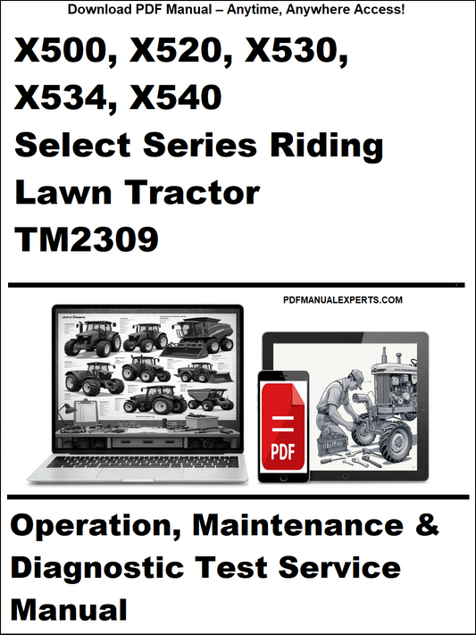 Manual cover for John Deere X500-X540 riding lawn tractors with laptop and diagnostic tool icons.