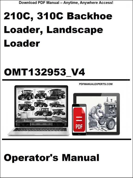 Cover of a manual for 210C, 310C Backhoe Loader, Landscape Loader with a laptop and toolbox graphic.