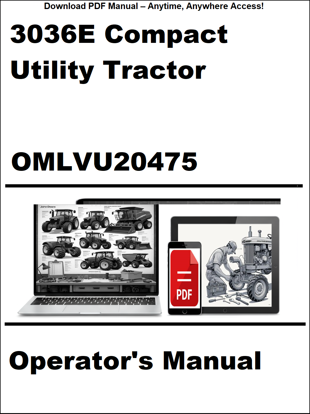 Operator's manual for 3036E Compact Utility Tractor with digital device icon on a white background