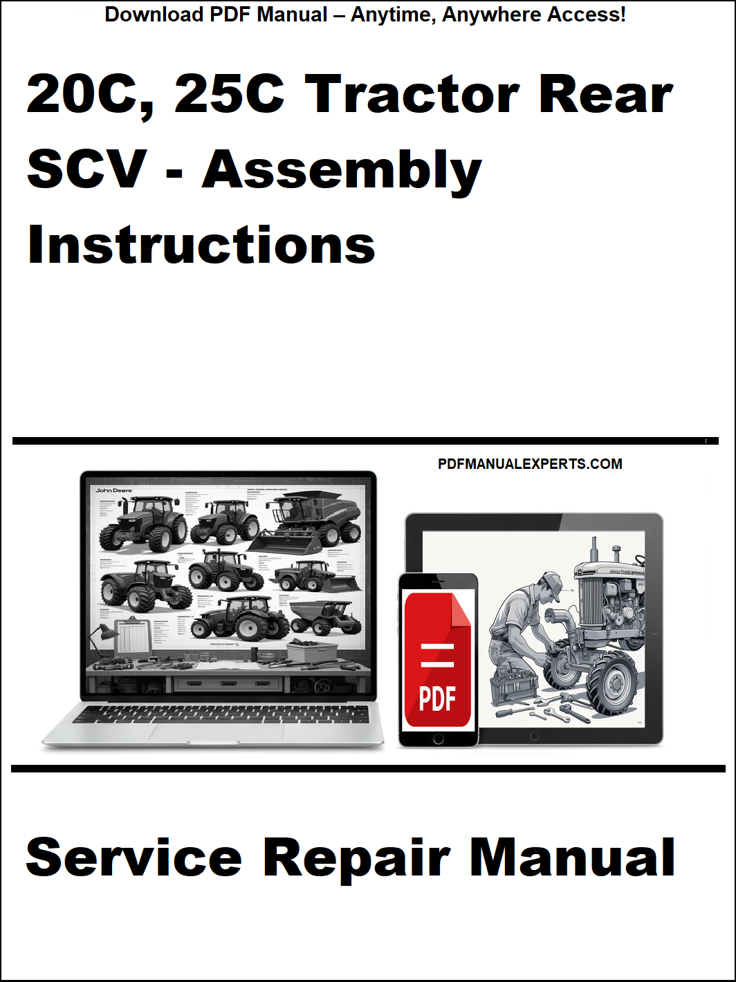 Service repair manual for 20C, 25C Tractor Rear SCV Assembly Instructions on a white background.