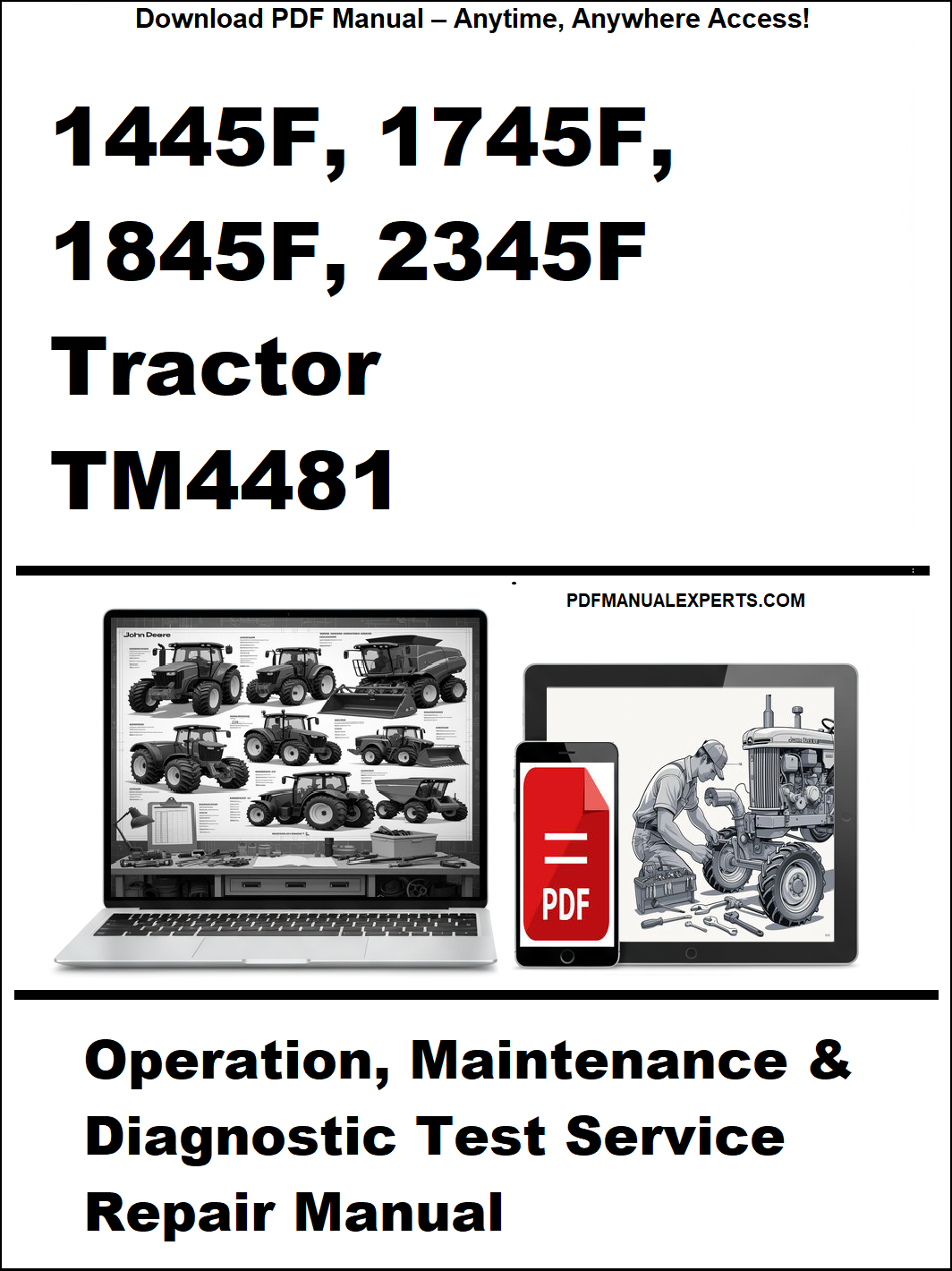 Advertisement for a tractor repair manual with laptop and smartphone graphics on a white background.