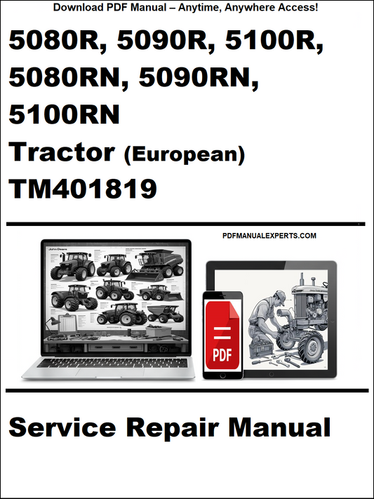 Service repair manual for John Deere tractors with a laptop and toolbox graphic on a white background.