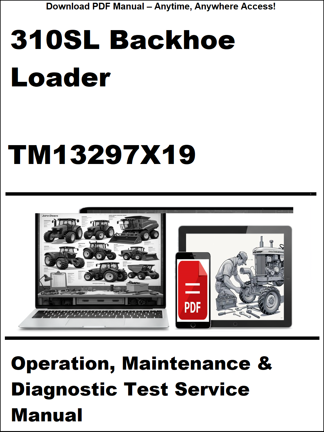 Manual cover for 310SL Backhoe Loader with laptop and smartphone graphics.
