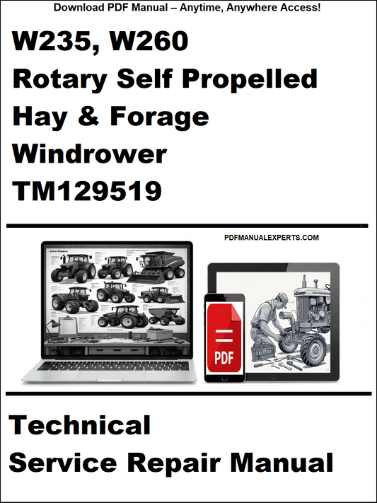 Technical service repair manual for W235, W260 Rotary Self Propelled Hay & Forage Windrower TM129519 on a white background.