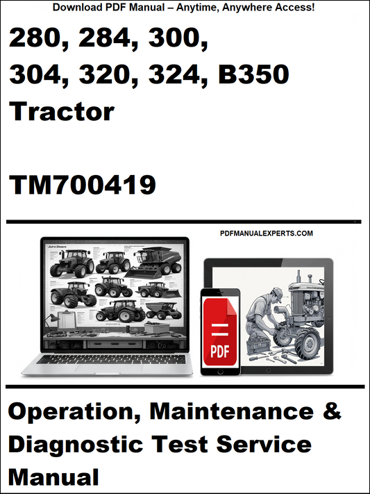 Manual cover for 280, 284, 300, 304, 320, 324, B350 Tractor TM700419 with laptop and tractor illustration.
