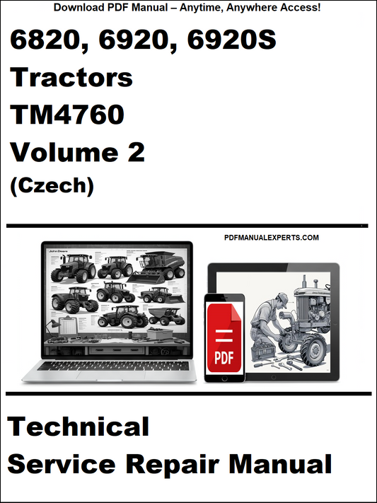 Technical service repair manual for 6820, 6920, 6920S tractors with a laptop and toolbox graphic on a white background.