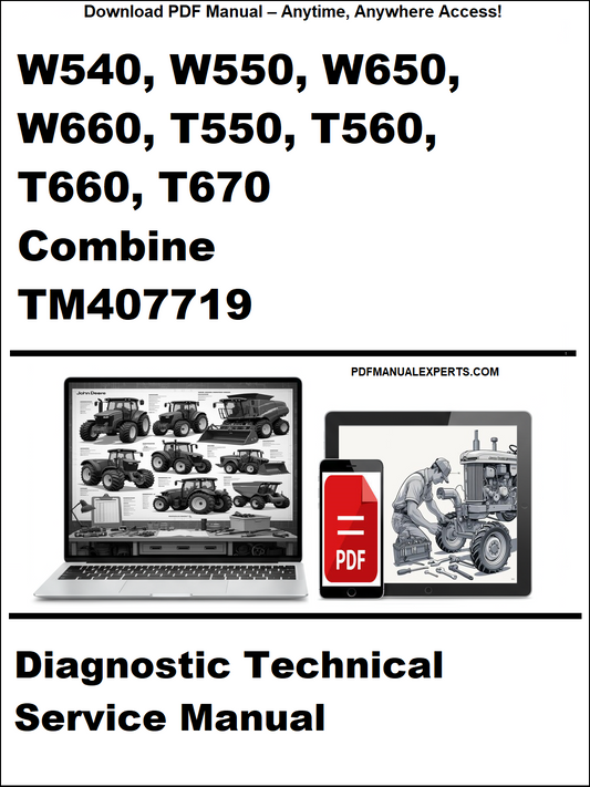 Cover of a diagnostic technical service manual for agricultural combines with laptop and truck illustrations.