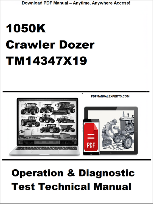 Advertisement for a technical manual on a crawler dozer with a laptop and toolbox graphic.