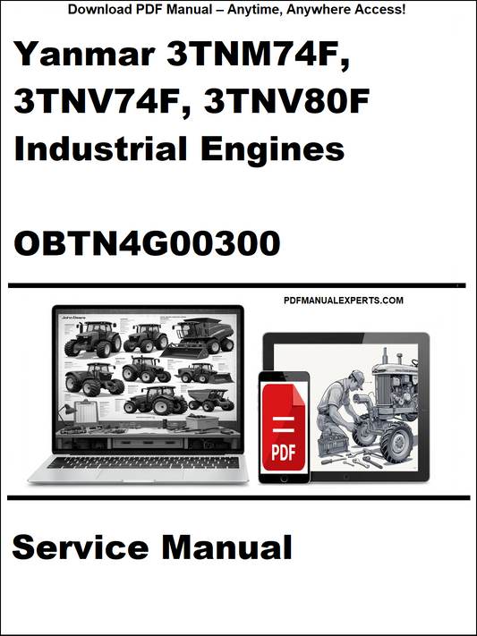 Cover of Yanmar 3TNM74F, 3TNV74F, 3TNV80F Industrial Engines service manual with laptop and toolbox graphic.