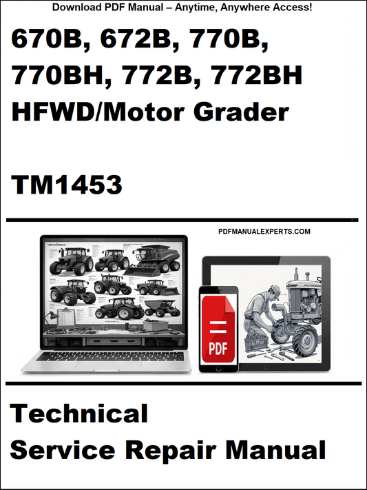 Advertisement for a technical service repair manual on a white background with text and images of a laptop and truck.