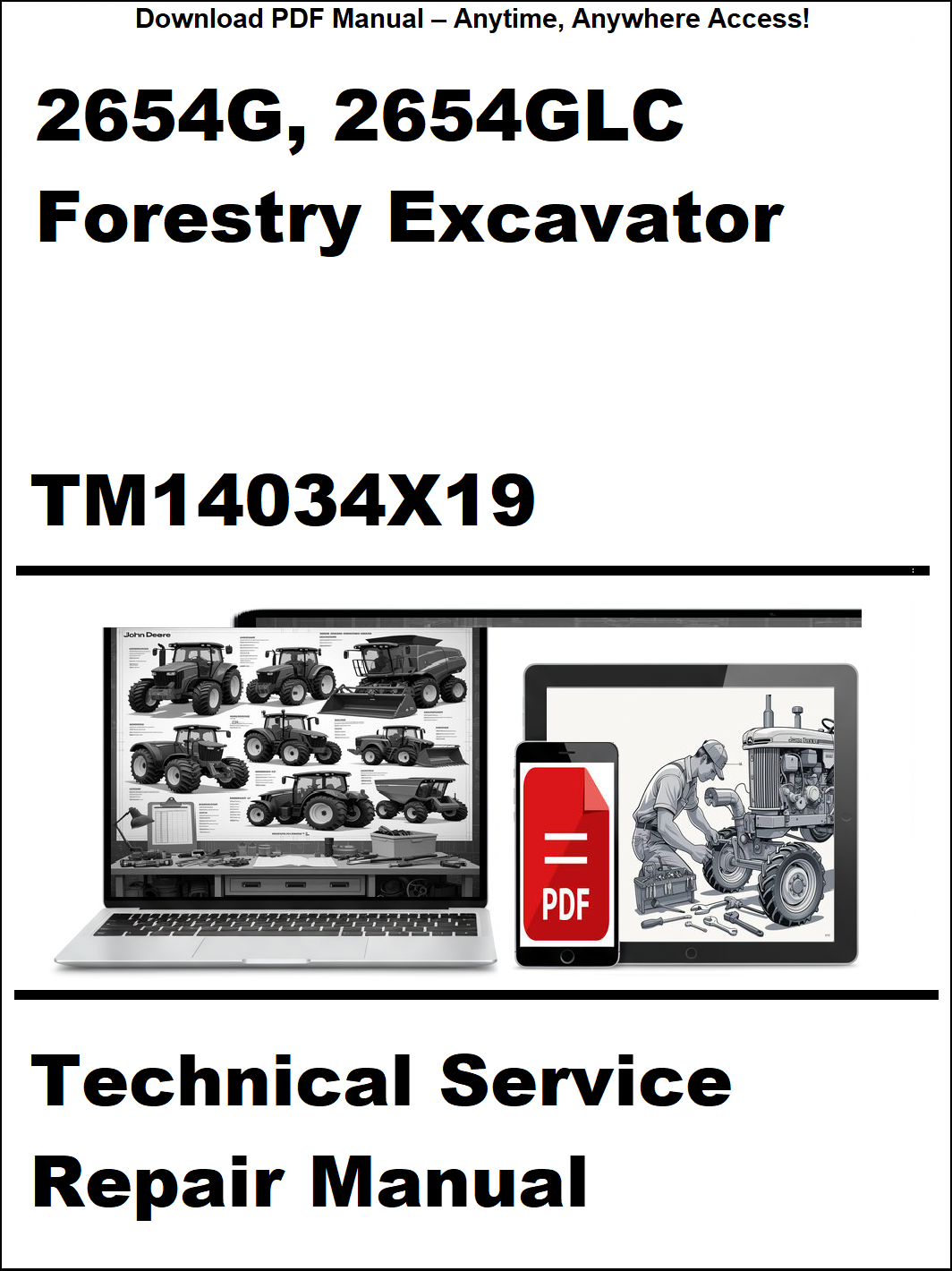 Technical service repair manual for 2654G and 2654GLC forestry excavator with digital device and laptop illustration on a white background.
