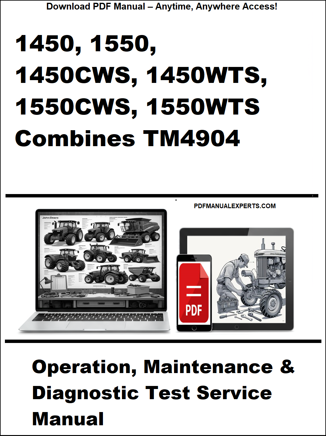 Manual cover for John Deere combines with laptop and toolbox graphics
