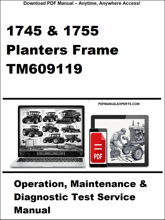 Manual cover for 1745 & 1755 Planters Frame TM609119 with laptop and toolbox graphics.