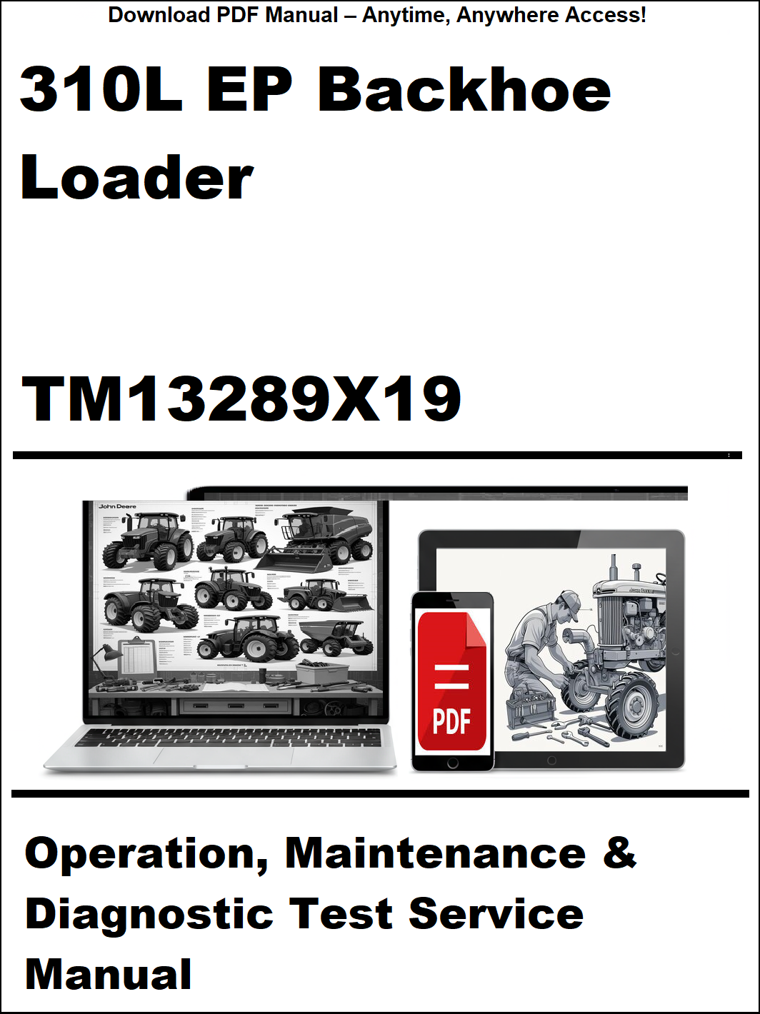 Manual cover for 310L EP Backhoe Loader operation, maintenance, and diagnostic test service manual with a laptop and toolbox graphic.