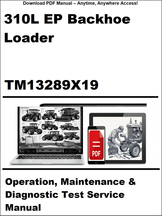 Manual cover for 310L EP Backhoe Loader operation, maintenance, and diagnostic test service manual with a laptop and toolbox graphic.