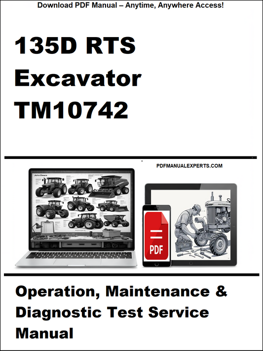 Cover of a manual for 135D RTS Excavator TM10742 with a laptop and smartphone graphic.