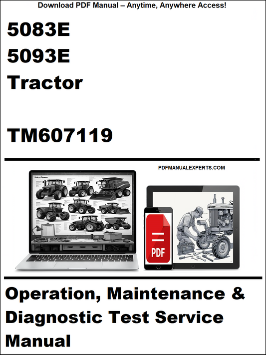 Manual cover for 5083E and 5093E Tractor TM607119 with laptop and tractor illustration.
