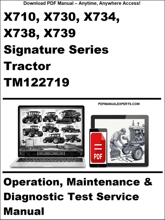 Cover of a manual for John Deere Signature Series Tractor with laptop and tractor images.