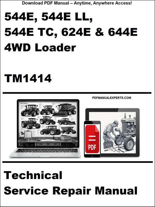 Technical service repair manual for 544E, 544E LL, 544E TC, 624E & 644E 4WD Loader with PDF icon and laptop illustration.
