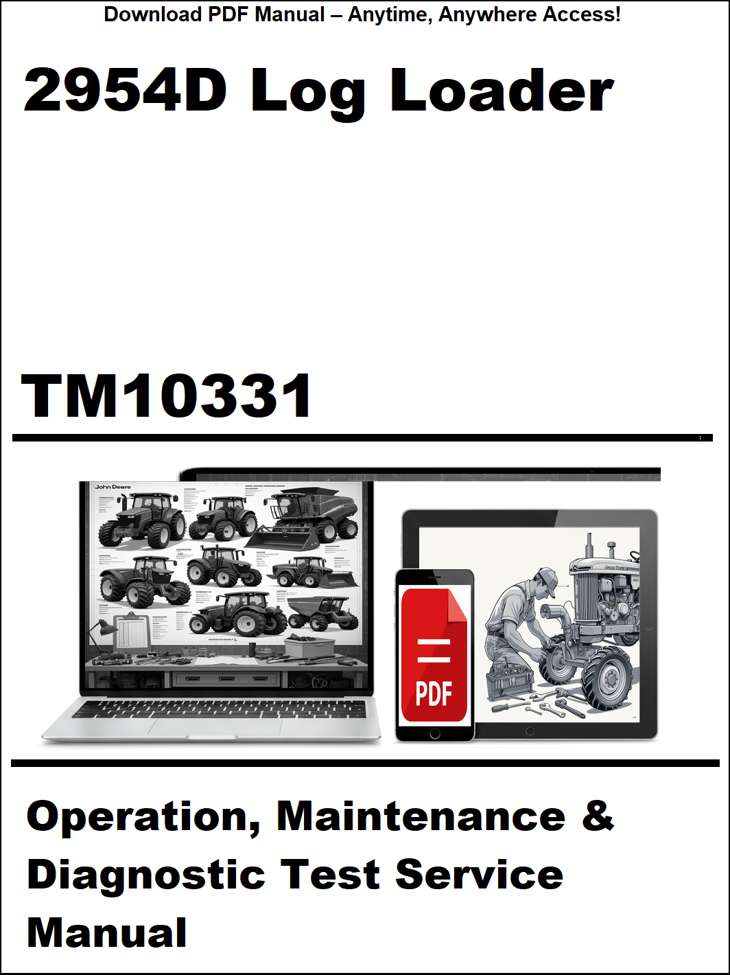 Manual cover for 2954D Log Loader with laptop and tractor illustrations on a white background