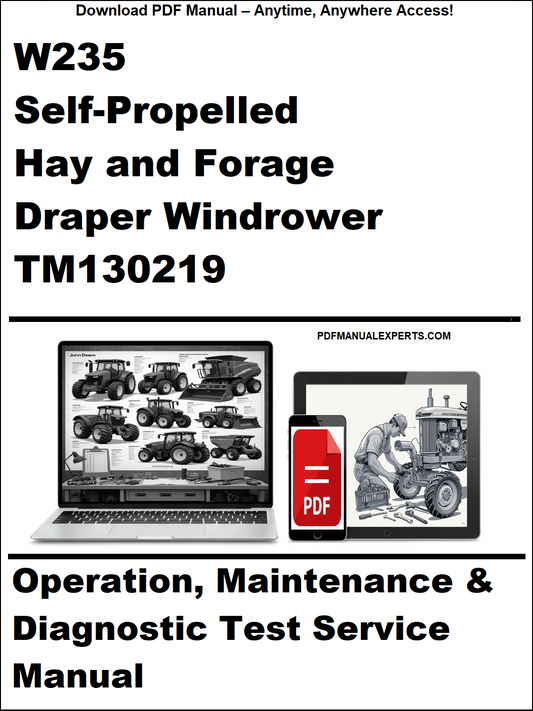 Manual cover for W235 Self-Propelled Hay and Forage Draper Windrower TM130219 with laptop and tractor images.
