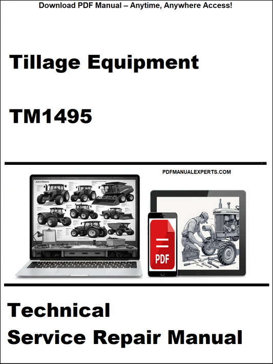 Technical service repair manual for tillage equipment with a laptop and toolbox graphic on a white background.