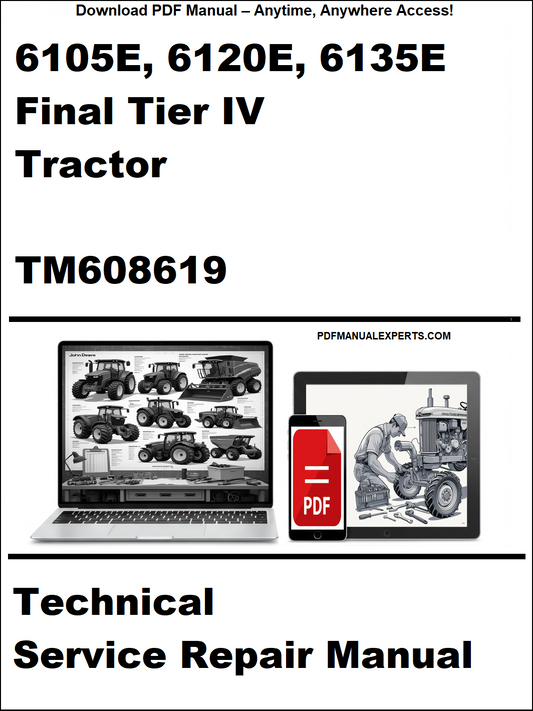 Technical service repair manual for John Deere tractors with laptop and toolbox graphic on a white background
