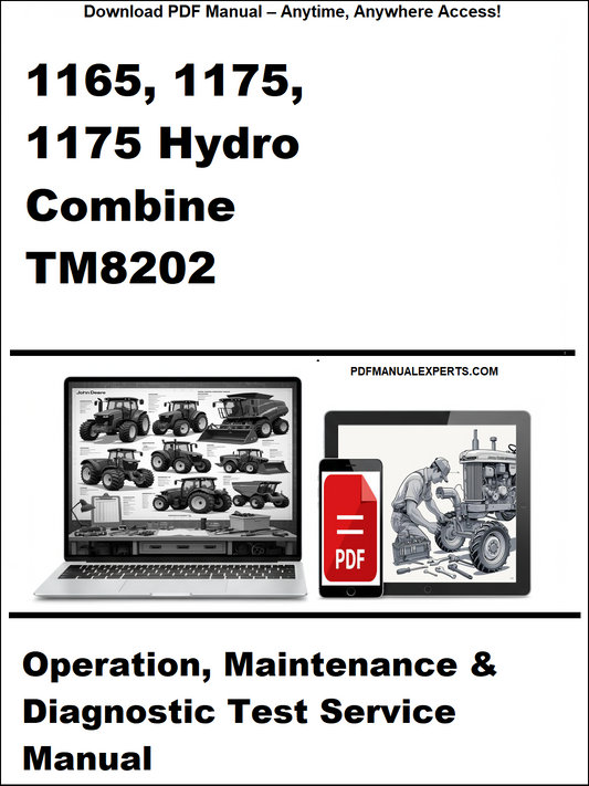 Manual cover for 1165, 1175, 1175 Hydro Combine TM8202 with laptop and tractor illustration.