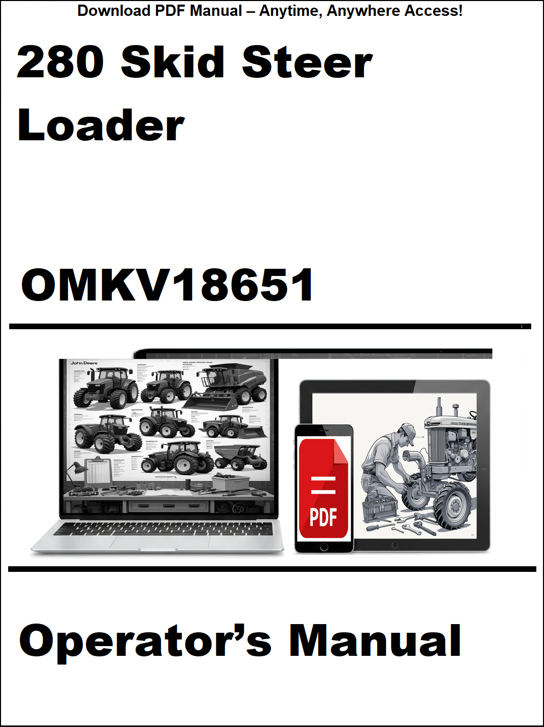Operator's manual for a 280 Skid Steer Loader with digital device icon and text overlay.