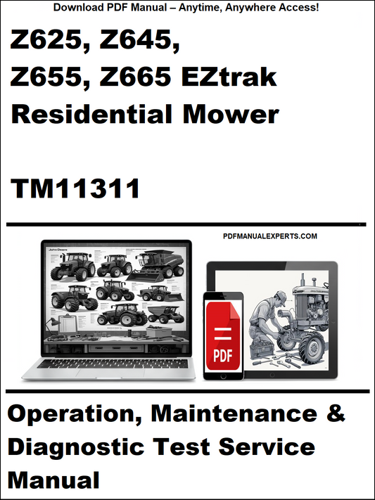 Manual cover for Z625, Z645, Z655, Z665 EZtrak Residential Mower TM11311 with laptop and toolbox graphics.