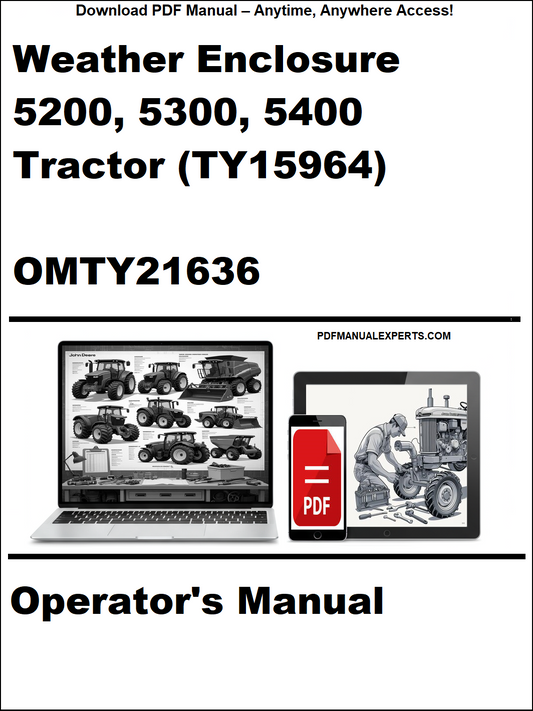 Cover of a manual for Weather Enclosure 5200, 5300, 5400 Tractor with OMTY21636 on a white background.