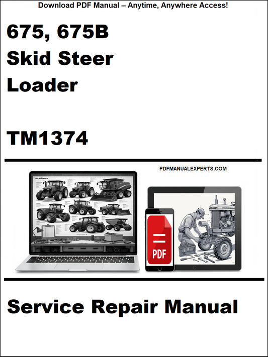 Service repair manual for John Deere 675 and 675B skid steer loaders with laptop and toolbox graphic.